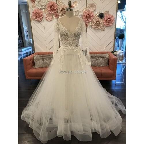 Cornaboutik Ball Gown V Neck Wedding Dress Natural Waist Long Sleeves Bridal Gowns Lace Back Lace Appliques