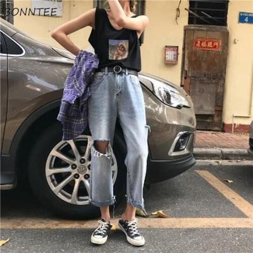 Jeans Women Vintage Washed Ripped Hole Chic High Waist Streetwear Ulzzang Hip Hop Wide Leg Ankle-length Trousers Trendy Female