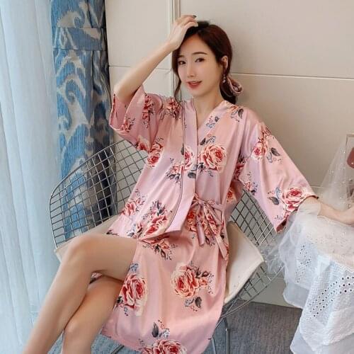 Summer Autumn Bathrobe Women Pajamas Bath Silk Robe Sleepwear Shirt Womens Robes Soft Silk Nightgowns Girl Home Wear Clothing