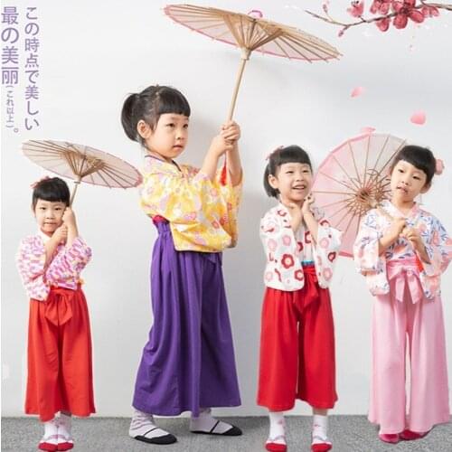 Japanese Fashion 2-8 Years Old Baby Girl Long-sleeved Kimono Suit Dance Performance Japanese Kimono Top Two-piece Pants