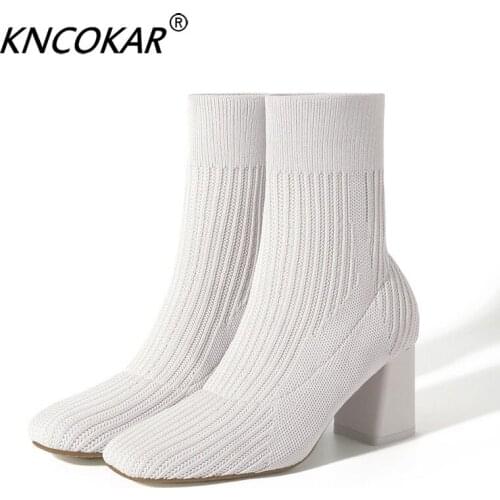 KNCOKAR Female In The Spring And Autumn 2018 New Thick With Elastic Knitting Short Boots Boots, Her Head High Heel Boots x1065