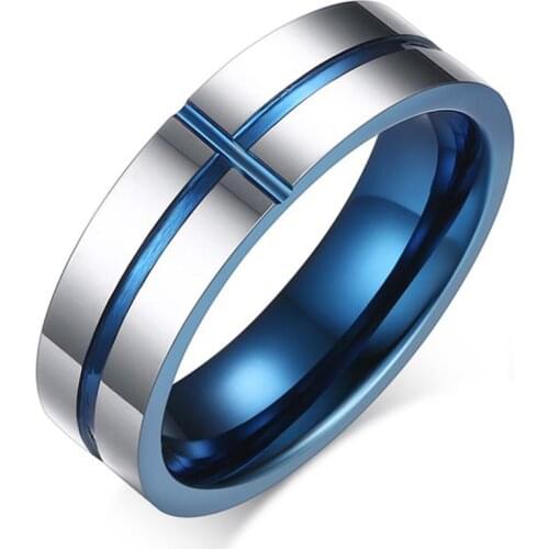 BONISKISS 6MM Custom Inside Tungsten Carbide Two-Tone Cross Ring For Male Free Engraving Prayer Blue Finger Ring Jewelry