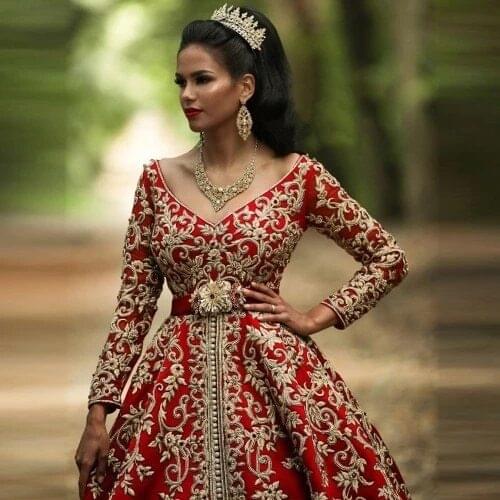 Red Moroccan Kaftan Caftan Muslim Evening Dresses Ball Gown V-neck Long Sleeves Appliques Dubai Arabic Turkey Abaya Islamic Gown
