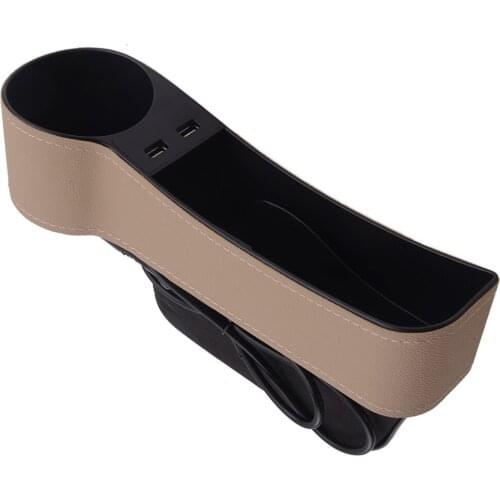Left Side Beige Car Seat Crevice Storage Box Organizer Pocket with 2 USB Ports Universal