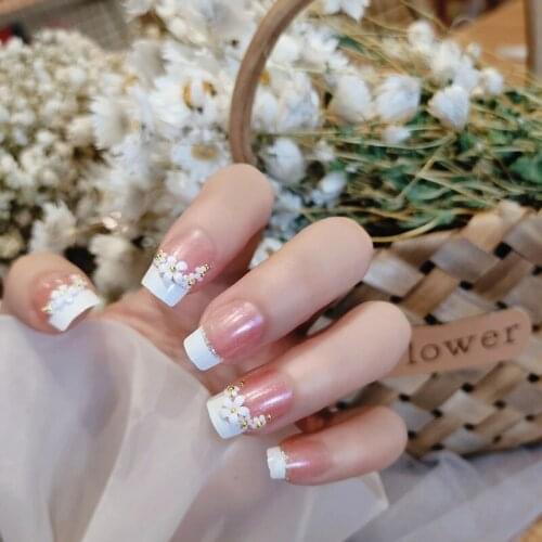 24pcs Fake Nails With Glue Flower Printed Square Head Type Mid Length Style Fashion Manicure False Nails Press On With Designs D
