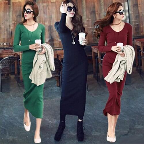 New autumn and winter 2017 womens casual knitting Cotton long sleeve O neck mid calf sheath dress tight female clothing