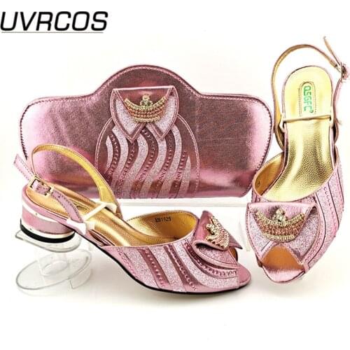 Nigerian 2021 New Arrival Italian Design Summer Fashion Style Low Heels Women Shoes and Bags in Pink Color for Party Wedding