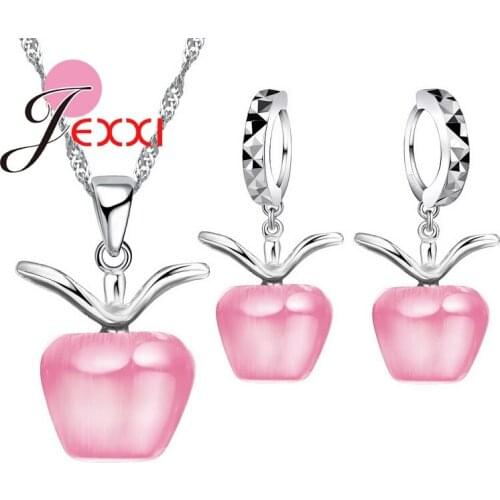 Real 925 Sterling Silver With Lovely Apple Cat Eyes Jewelry Gift Sets OPal Pendant Necklace Lever Back Earrings