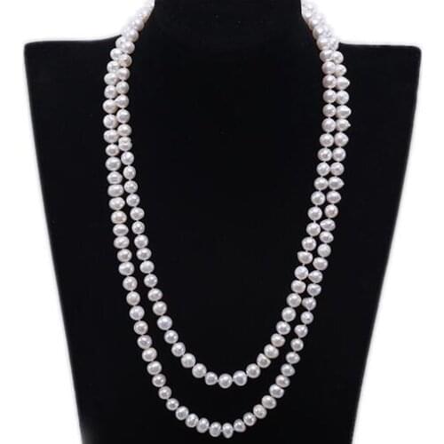2 Rows 60cm 24'' Women Jewelry AAA natural pearl 7x8mm white freshwater pearl necklace top quality gift