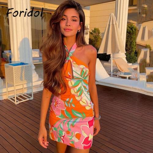 Foridol Multi Color Floral Print Sleeveless Halter Summer Autumn Dress Sexy Backless Beach New Dress Vestidos Short Party Dress