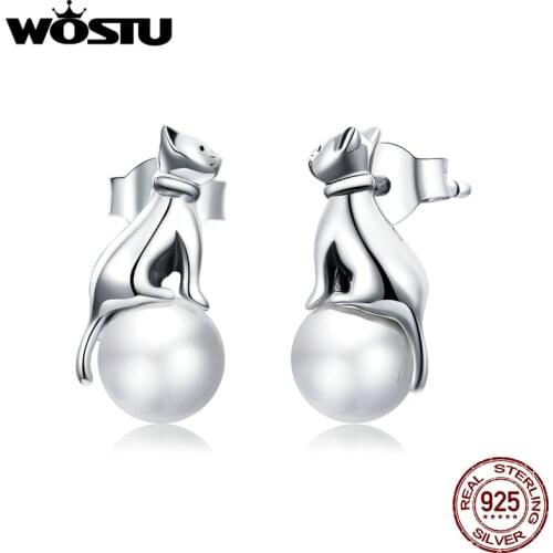 WOSTU Cat with Shell Beads Earrings Authentic 925 Sterling Silver Simple Design Stud Earrings Sterling Silver Jewelry BKE1004