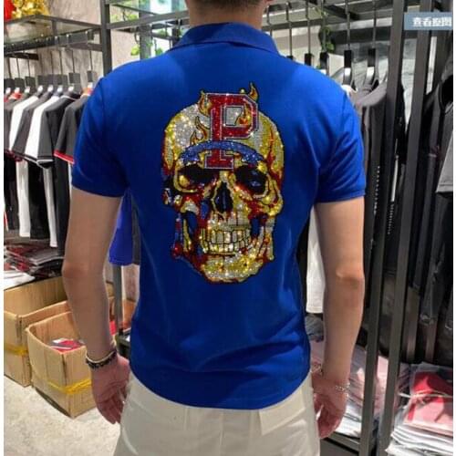 Rhinestones design Skull POLO shirts Men Fashion Streetwear O Neck Short Sleeve polo shirt hot sale Cotton