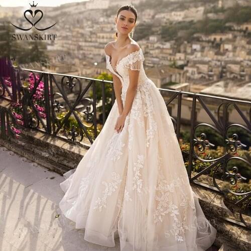 Beaded Wedding Dress 2021 Sweetheart A-Line Appliques Lace Up Bridal Gown Off Shoulder Princess SwanSarah N304 Vestido De Novia