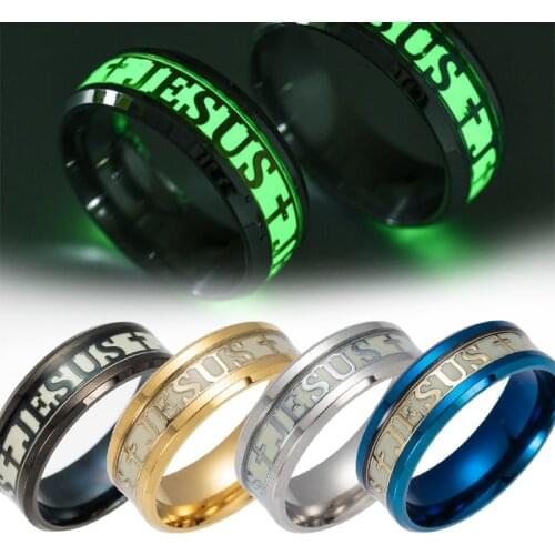 Luminous Jesus Cross Christ Ring Titanium Steel Engagement Ring Glowing in the Dark Ladies Men’s Jewelry Couples Exquisite Gifts