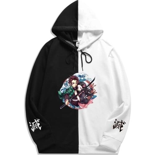 Harajuku Oversized Hoodies Men Long Sleeve Hooded Sweatshirt Outwear Anime Demon Slayer Tanjiro Nezuko Print Double Color Hoodie