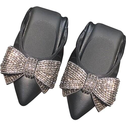 Brand Shoes Women Soft Sheep Skin Upper Top Comfortable Cone Pumps 1.5 cm Flat Rubber Sole Artificial Diamonds Butterfly Knot