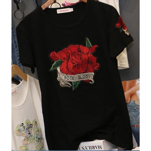 High quality Rose Embroidered T-shirt woman 2020 sunmer New Short sleeve Pullovers Pure cotton round neck casual loose clothes