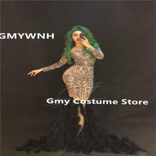 R82 Female long dresses Black feather bag hip skirt singer performance wears show outfits dj club ballroom dance costumes clothe