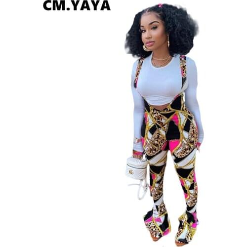 CM.YAYA Women Sets Print Stretchy Tops+Skinny Flare Long pants Ladies Fashion High Streetwear Basic tracksuits Autumn