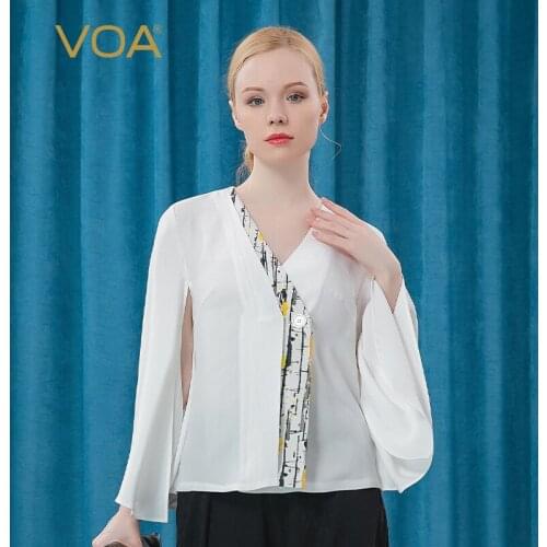 VOA High Quality Luxury Silk White Womens Tops BE293 V-Neck Butterfly Sleeve Long Sleeve Shirts Blusas Mujer De Moda 2021 Verano