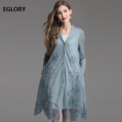 Plus Size Clothing 2019 Spring Summer Fashion Long Tops Coat Women Hollow Out Embroidery Single Breasted Black Blue Coat Outwear