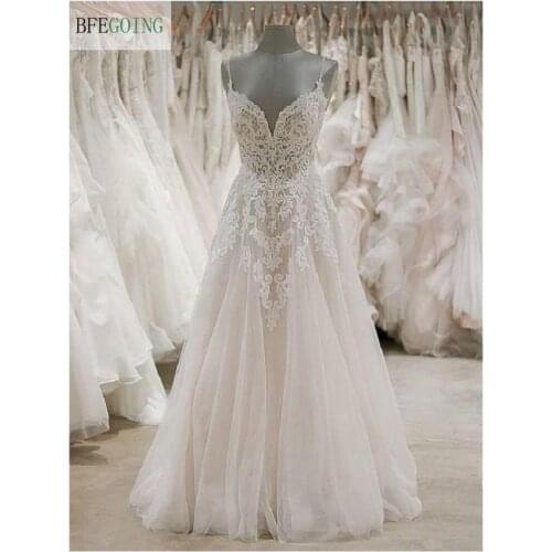 Ivory Tulle Lace V-Neck Spaghetti Straps Bridal Dresses Floor-Length A-Line Wedding Gowns Sweep /Brush Train Custom Made