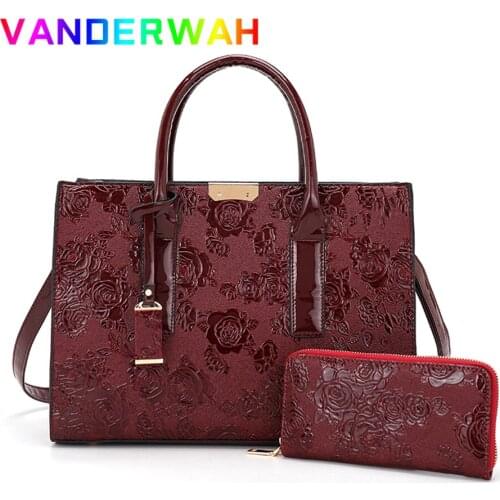 2 Pcs/sets Women Handbags Rose Patent Print Luxury Designer Shoulder Crossbody Bag for Female High Quality Lady Wedding Tote Sac