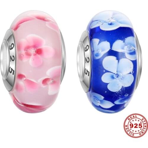 5pcs 925 Sterling Silver Core Pink And Blue Flower Pattern Lampwork Murano Glass European Charm Beads Valentines Day Gift DSG12