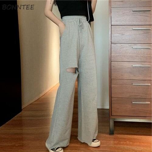 Wide Leg Pants Women Casual Hole Summer 2021 New Korean Style Loose Fashion High Waist Female All-match Solid Simple Ins Chic