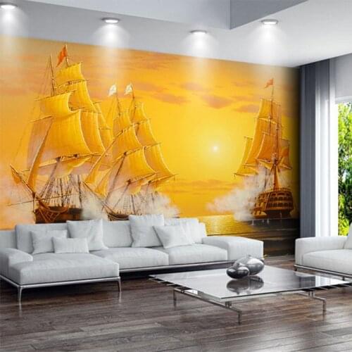 HD Golden Oil Painting Sailing Boat Photo Wallpaper For Study Living Room Sofa Backdrop Wall Mural Papel De Parede 3D Paisagem
