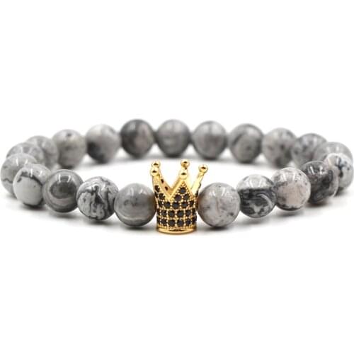 Hot Selling Bracelet Micro Inset Zircon Crown 8mm Natural Stone Fashion Beads Bracelet Bangle for Women Men Charm Jewelry Gift