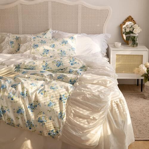 French Vintage Bedding Set Flowers Print Queen King size Princess Style Blue Rose Bed Linen Cotton Duvet cover Sheet Set 3/4pcs