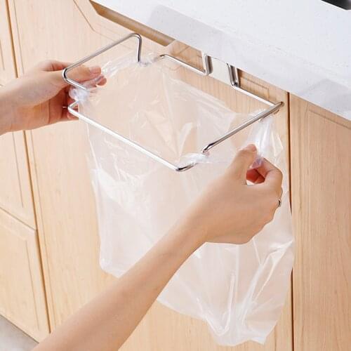 Kitchen Trash Rack Cabinet Door Garbage Bags Holder Stainless Steel Closet Garbage Storage Holder Hook Storage Rack
