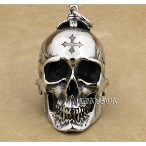 LINSION Huge Heavy 316L Stainless Steel Cross Skull Pendant Mens Biker Rocker Punk Style AJ101 Laser Engraved