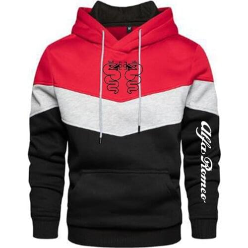 2021 New Spring and Autumn Mens Alfa Romeo Logo Patchwork Color Pullover Long Sleeve Hoodie Fashion Cotton Sweatshirt 5 Colors