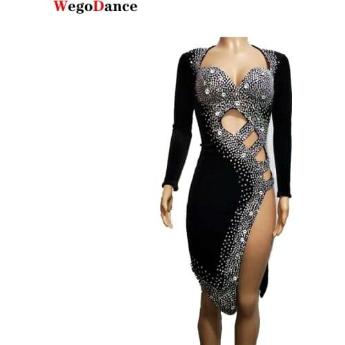 New Sexy Velvet Black Latin Dance Dress Silver Stones Outfit Stage Wear Sparkly Rhinestones Costume Birthday Prom Show Stretch