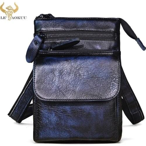 Original Real Leather Mens Blue Fashion Casual Messenger Shoulder Mochila Bag Designer Travel Satchel Cross-body Bag 6553