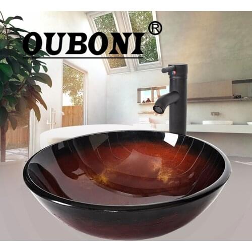 Hand Painted Glass Basin Sink Countertop Basin Sink Faucet Set Bathroom Washbasin Sink Round Bowl & ORB Bathroom Faucet