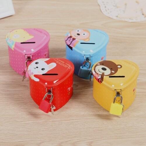SaiDeKe heart shape iron Cartoon piggy bank saving Coin Money Boxes with lock birthday Christmas new year gifts toy for Children