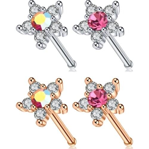 Mix Colored Multi Crystal Stone Flower Top 20 Gauge Cubic Zirconia Flower Nose Stud Nose Piercing