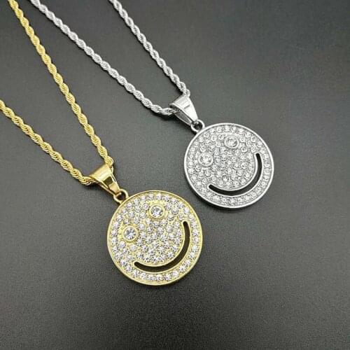 Hip Hop Rhinestones Paved Bling Iced Out Solid Stainless Steel Smiley Face Round Pendants Necklace for Men Rapper Jewelry
