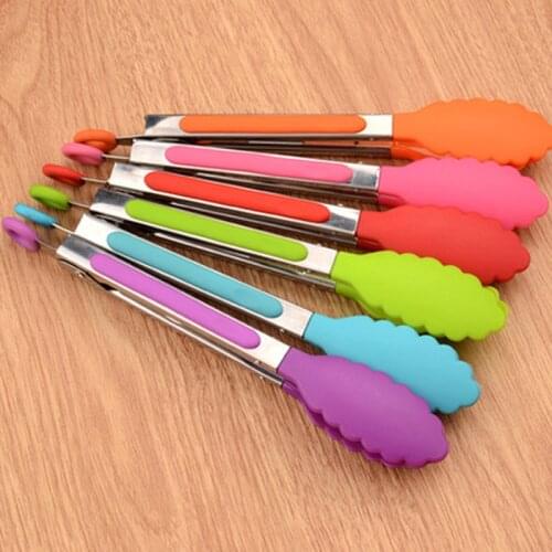 Heat Resistant Silicone Cooking Salad Stainless Steel Handle Serving BBQ Tongs Kitchen Hang Utensil Supplies Accessories