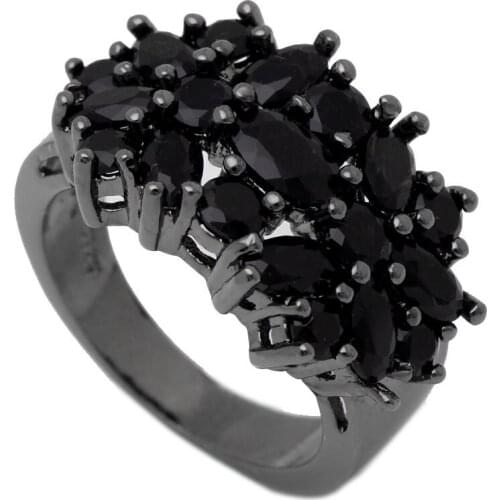 UFOORO Luxury Elegant Black Zircon Stone Wedding Black Rings for Women Flower Jewelry Girlfriends Gift Engagement Finger Ring