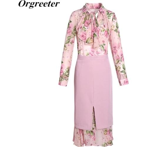 Spring Fall New Pinl Floral Print Chiffon Shirt Skirt Two piece set Women Long Sleeve Ruffles Blouse Bodycon Long Skirt Suits