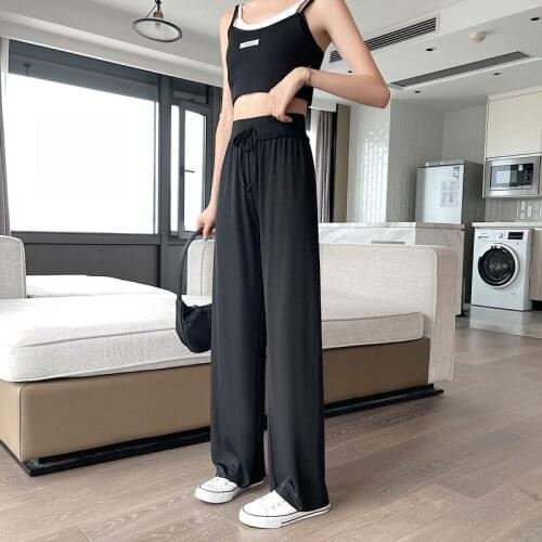 Ice Silk Wide-Leg Pants Womens New High Waist Drooping Straight Loose Slimming Cool Casual Pants Leggings Womens Summer