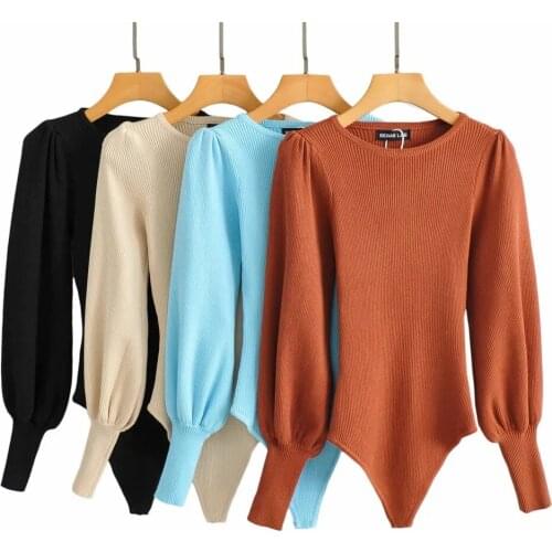 Autumn Winter One Piece Women Fashion Knitted Solid O Neck Lantern Sleeve Black Blue Khaki Brown Top Bodysuit Bodycon Jumpsuit