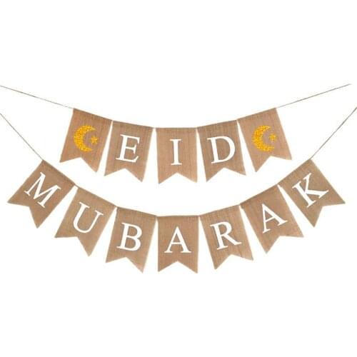 1 Set EID MUBARAK Swallowtail Flag Muslim Ramadan Decoration Bunting Linen Swallowtail Flag For Eid Mubarak #AW