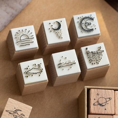 CPDD 16 Pcs/Set Vintage Planet Moon Cloud Decoration Stamp Wooden Rubber Stamps for Handbook Diary Scrapbooking Stationery