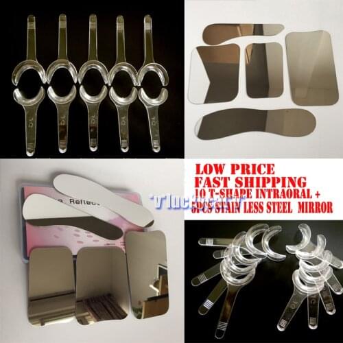5pcs Dental Clinic Stainless Steel Photographic Mirror + 10PCS T-Shape Intraoral Cheek Lip Retractor Opener