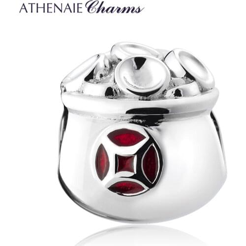 ATHENAIE 925 Sterling Silver Red Enamel Chinese Wealth Luck Ingot Charms for Prosperity Gift fit Bracelet
